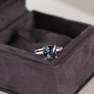 Lab Created Cushion Cut Alexandrite Hidden Halo Sterling Silver Ring